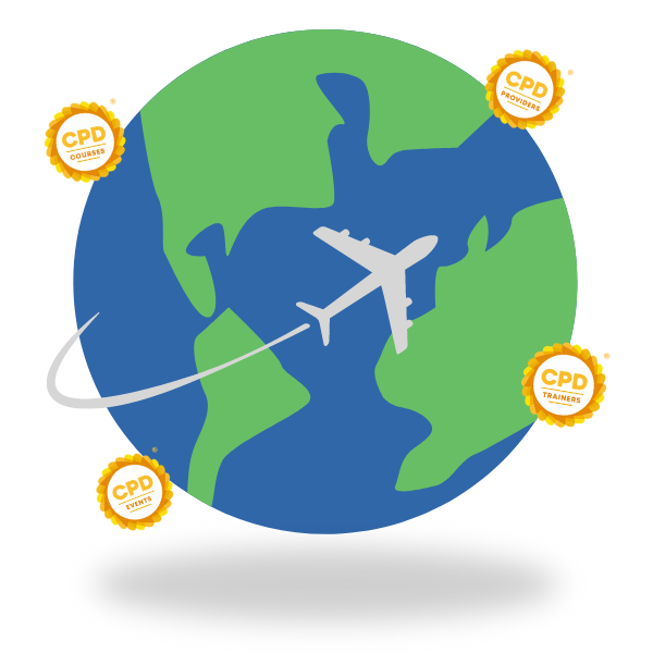 Globe with plane and cpd accreditation logos.